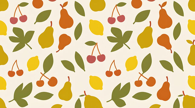 Seamless pattern with pixel art fruits like pears lemons and cherries with green leaves in a retro vintage style for wallpaper or fabric design