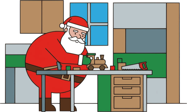 Santa Claus Carefully Crafting Wooden Toys in His Festive Christmas Workshop