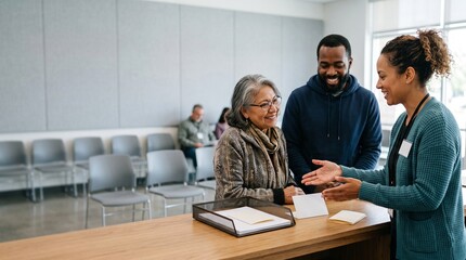 Fototapeta premium Community facilitator guides residents through vote center check-in