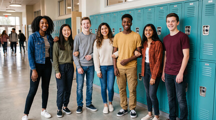 Fototapeta premium Diverse group of smiling teenagers standing by teal lockers in a school hallway, symbolizing education, friendship, and youth