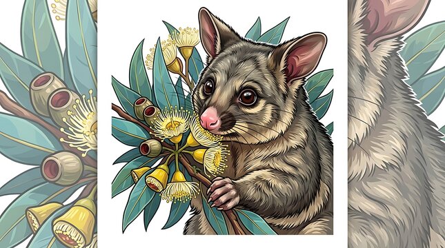 Brushtail possum with eucalyptus flowers vector illustration