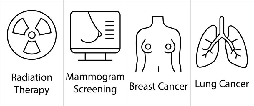 Medical therapy icon set showing radiation units mammogram screens breast cancer and lung cancer silhouettes in clean black stroke style for health awareness.