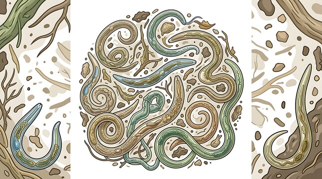 Illustration of microscopic nematode worms in soil environment