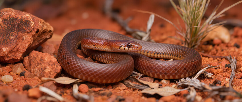 Pygmy Python Resting Among Red Rocks in Western Australian Habitat
