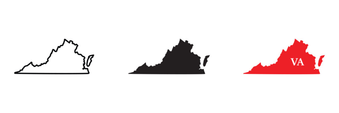 Virginia state map outline, solid black silhouette, and red shape with va abbreviation on a white background set