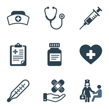 Set of Medical and Healthcare Icons Featuring Nursing Symbols and Clinical Equipment