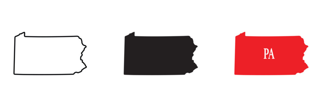 Pennsylvania state map outline, solid black silhouette, and red shape with pa abbreviation on a white background set