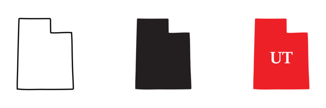 Utah state map outline, solid black silhouette, and red shape with ut abbreviation on a white background set