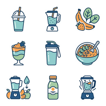 Set of healthy smoothie and breakfast icons including blenders, fresh fruit, and energy drinks.