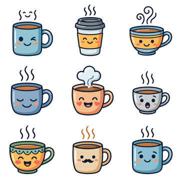 Cute Kawaii Coffee and Tea Cup Vector Set with Happy Facial Expressions and Steaming Hot Drinks