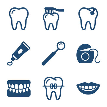 Comprehensive dental care and oral hygiene vector icon set for dentistry services