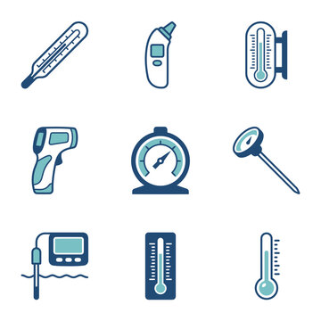 Comprehensive collection of various thermometer icons for medical, household, and industrial use.