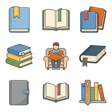 Set of book icons and illustrations of a person reading for education and library design