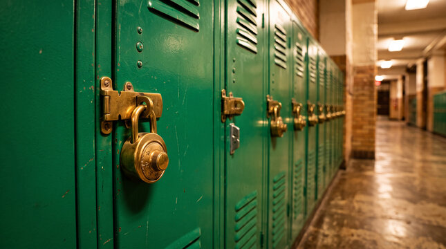 Green metal locker detail with a brass combination lock, representative of school, security, and storage in a hallway environment