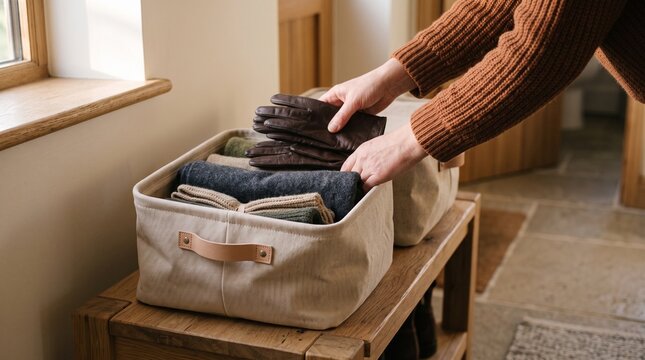 Hands sorting wool accessories into fabric storage bins