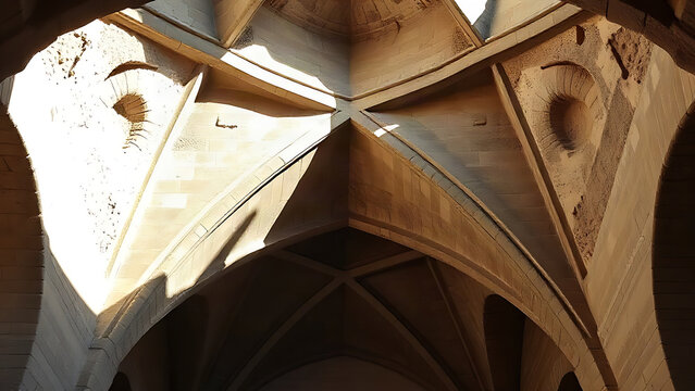 Intersecting stone ribs in an ancient church vault with sharp shadows.