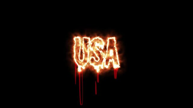 Illuminated USA letters engulfed in fire and dripping blood against a black screen