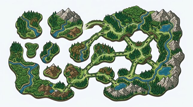 Isometric fantasy world map tiles for game design