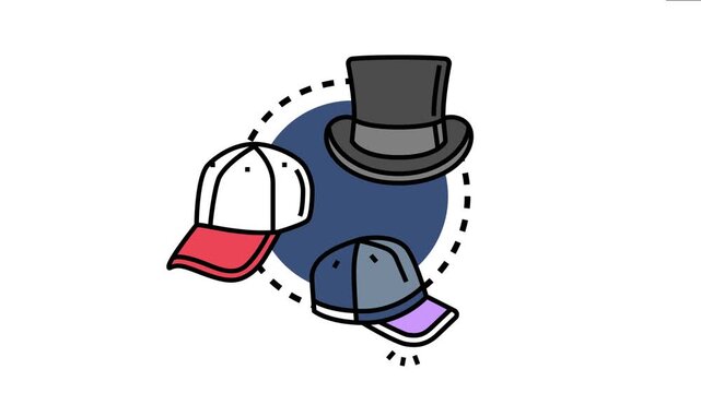 Grouping various headwear objects including a top hat and baseball caps, the concept of clothing accessories and diverse styles in fashion