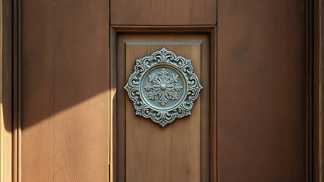 Aged wooden door with an ornate metal plaque inset in the center.