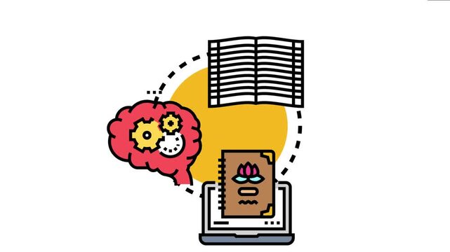Brain with cogs processing ideas, writing them into a physical notebook, and digitally recording them onto a laptop screen, the creative process