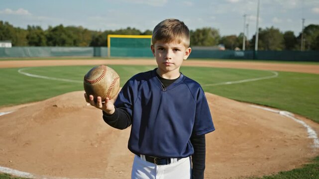 Young boy holds baseball on pitcher's mound. He wears navy jersey and white pants. Green field stretches behind him. Sunlight glows softly on his face. Focus remains on his steady gaze