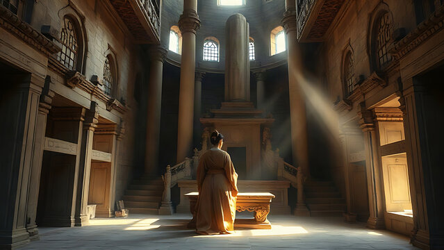 Ancient stone temple interior with a robed figure praying at an altar under soft light beams.