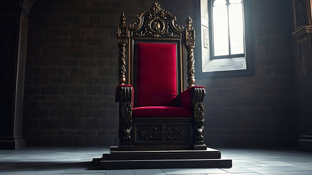 Ornate carved throne with gold details and crimson velvet in stone hall, royal interior concept