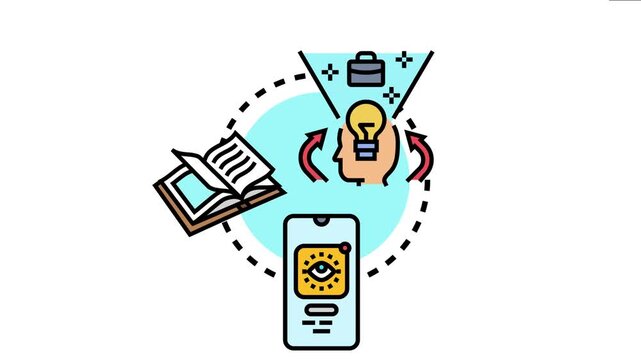 Intellectual process showing a person's head with a lightbulb idea, a book providing knowledge, and a smartphone enabling digital documentation of innovation