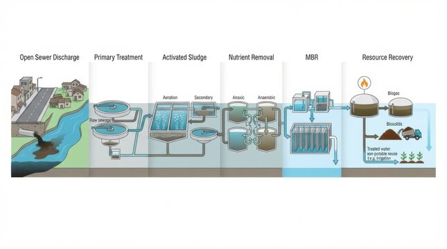 Diagram shows wastewater treatment steps, from sewer discharge to resource recovery, highlighting purification and treatment processes.