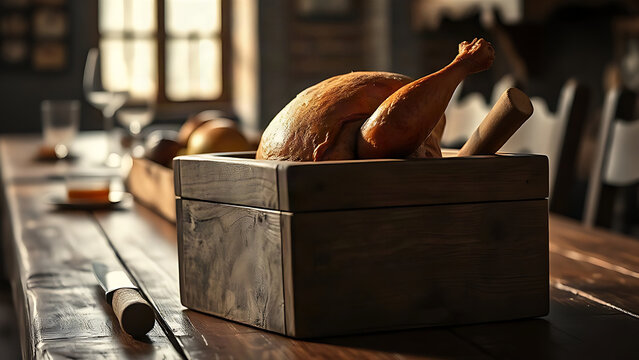 Square wooden trencher on a long table with bread, roast chicken, and a knife.