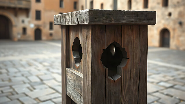 A weathered medieval wooden pillory standing alone in an empty stone plaza in soft morning light.