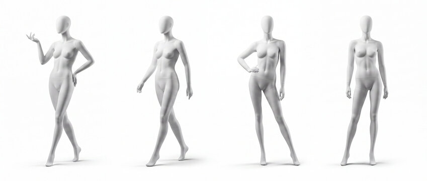 Female mannequins in various fashion poses isolated on a clean white background, featuring matte plastic texture and dynamic postures for retail clothing display mockup and design