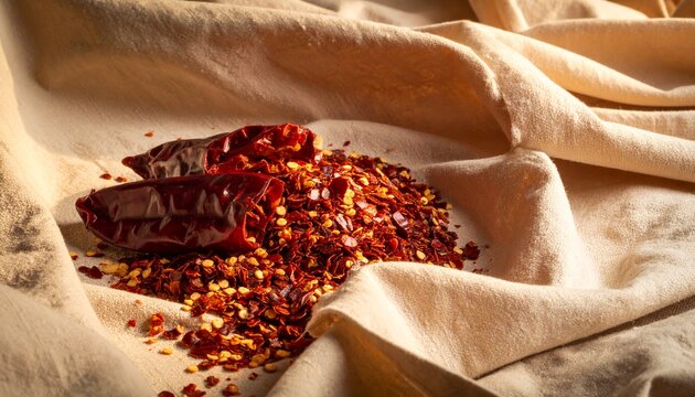 Close up of red chili flakes on white fabric background.