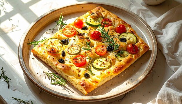 Homemade vegetable pizza on rustic wooden plate.