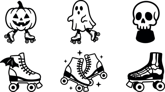 Halloween roller skate clipart with pumpkin ghost skull bat and boot illustrations in monochrome line art