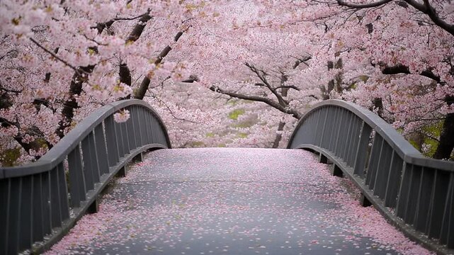 Spring Cherry Blossom Bridge Path with Petals Falling