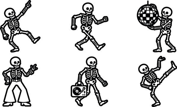 Dancing skeletons with disco ball and record player in playful black and white vector art