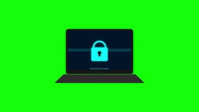 Laptop Displaying Glowing Padlock System Secured on Green Screen