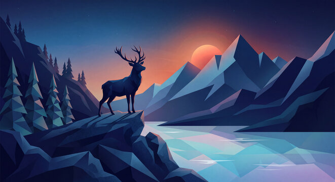 Majestic stag silhouette stands against a geometric mountain landscape