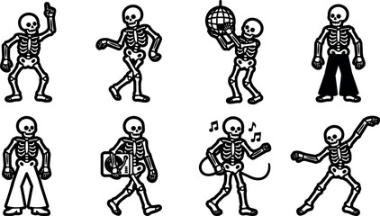 Obraz premium Dancing skeleton characters in varied poses with disco ball accordion musical notes and retro bell bottoms