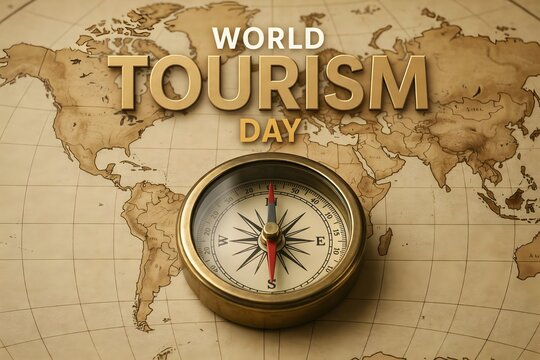 World Tourism Day concept with vintage compass on an old antique world map background.