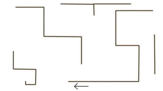 The arrow moves through schematic corridors of rooms or a labyrinth.