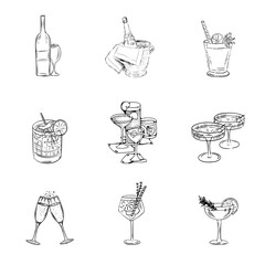 Set of Hand Drawn Cocktail and Wine Illustrations Isolated on Transparent Background PNG for Menu Design and Festive Party Graphics © Creative Iocns