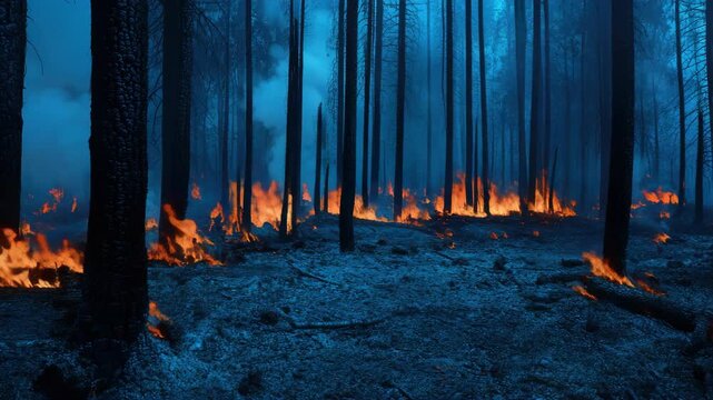 An intense forest fire engulfs a wooded area, with trees ablaze and smoke billowing into the sky.