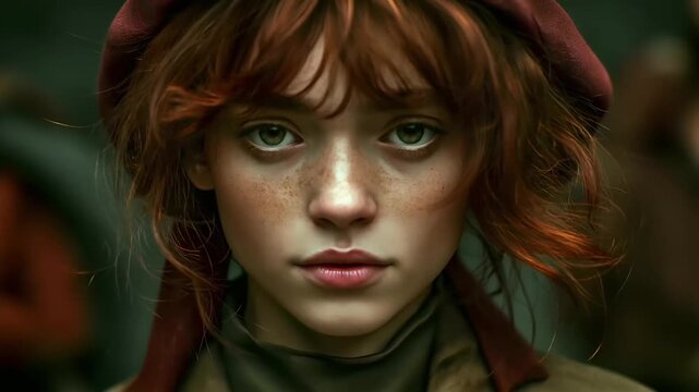 Europe medieval lifestyle. A closeup portrait of a young girl with striking green eyes and freckles. She has auburn hair that falls to her shoulders, and her lips are painted a soft pink.