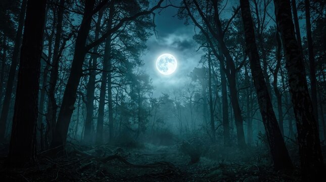 Enchanting moonlit forest scene with a mysterious glowing light shining between the