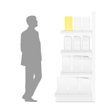 Supermarket retail display shelf with packaging boxes, bags and human silhouette mockup for store planogram presentation. 3D hight realistic vector illustration isolated on white background. EPS10.