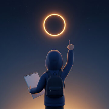 3D Character Holding Notebook Pointing Up at Annular Solar Eclipse Ring