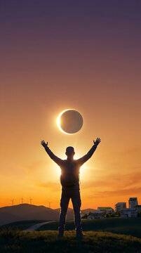 Silhouette of Man Raising Arms Toward Solar Eclipse at Sunset 3D Render